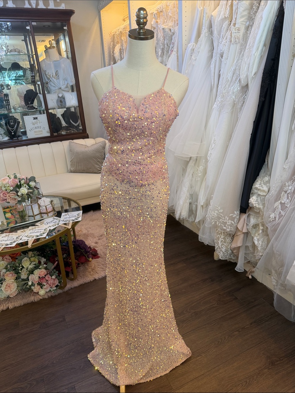 Blush Pink Sequin Spaghetti Strap Evening Gown